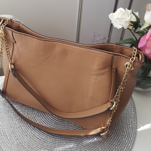 Vtg K Studio🍂Camel Brown Leather Tote shoulder Bag💛Chain Straps - Picture 8 of 15